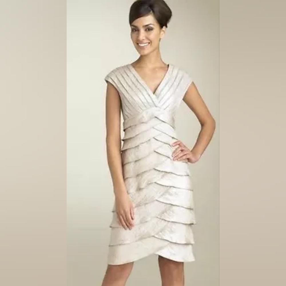 NWOT Adrianna Papell Champagne Gold Tiered Ruffle Empire Waist Dress 6